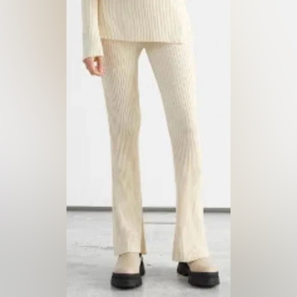 & Other Stories Women Cream Ribbed Flare Elastic Waist Pants XS Preppy Stretch - Picture 1 of 9
